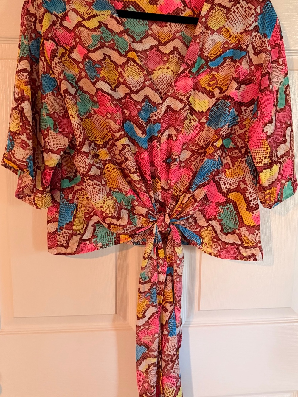 Peach Love California Multicolor Tie-Front Blouse in Pink, Blue, Yellow & Green